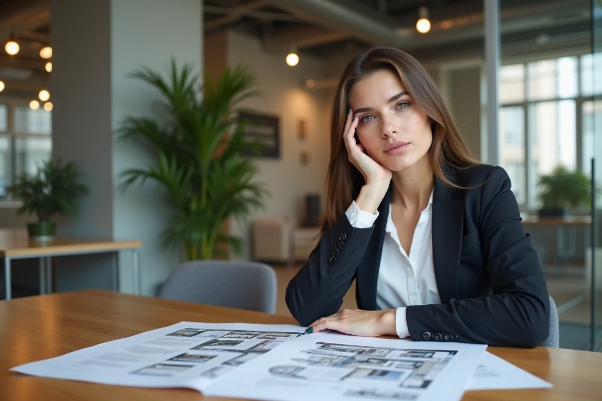 Femme en costume dans un bureau immobilier moderne