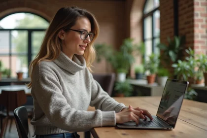Femme utilisant un ordinateur pour estimer un bien immobilier