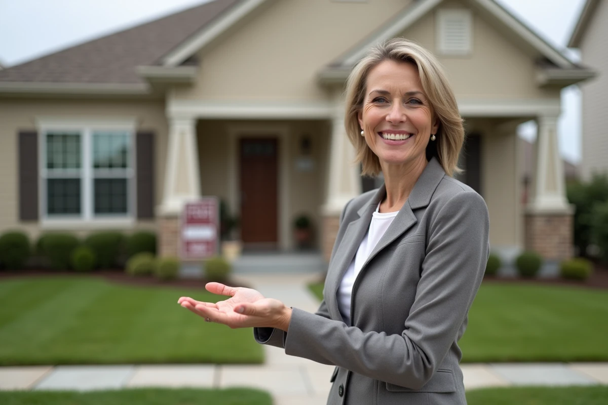 Femme souriante pointant vers maison avec panneau vendu
