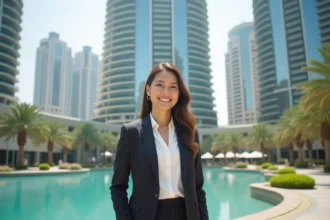 Femme confiante devant la tour Almas à Dubaï