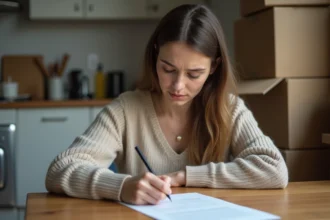 Jeune femme signant une lettre dans la cuisine