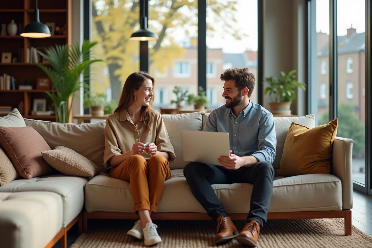 Jeune femme travaillant sur son ordinateur dans un salon convivial