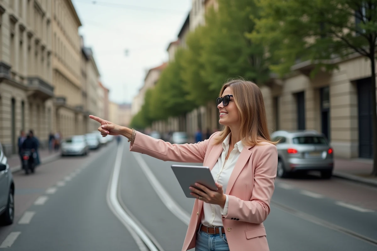 Femme souriante pointant vers des immeubles à Lyon
