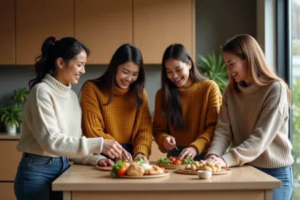 Jeunes adultes cuisinant ensemble dans une cuisine chaleureuse