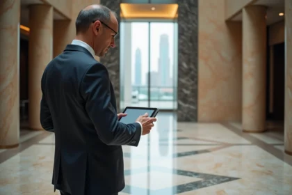 Homme d'affaires en costume dans le lobby d'Almas Tower