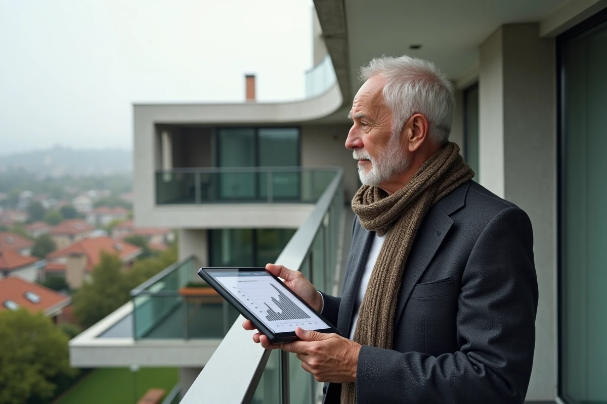 Homme d age regardant une tablette sur un balcon moderne
