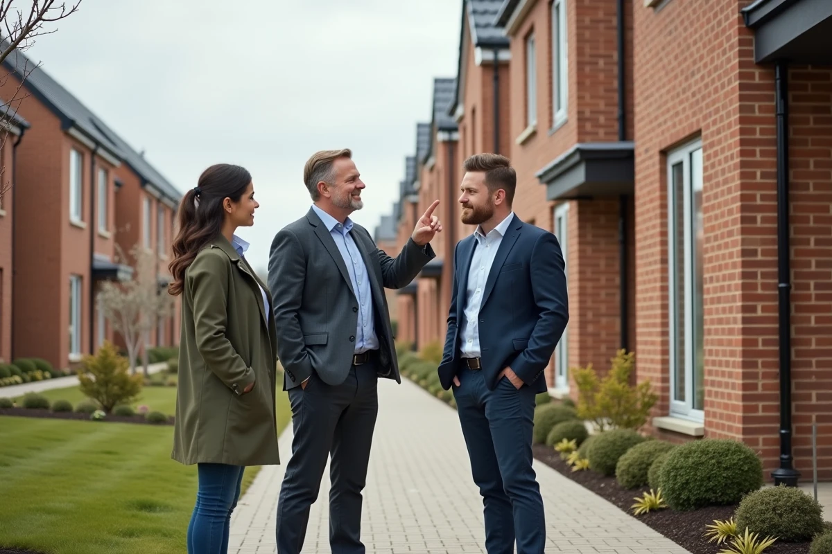 Homme pointant une maison neuve avec un couple
