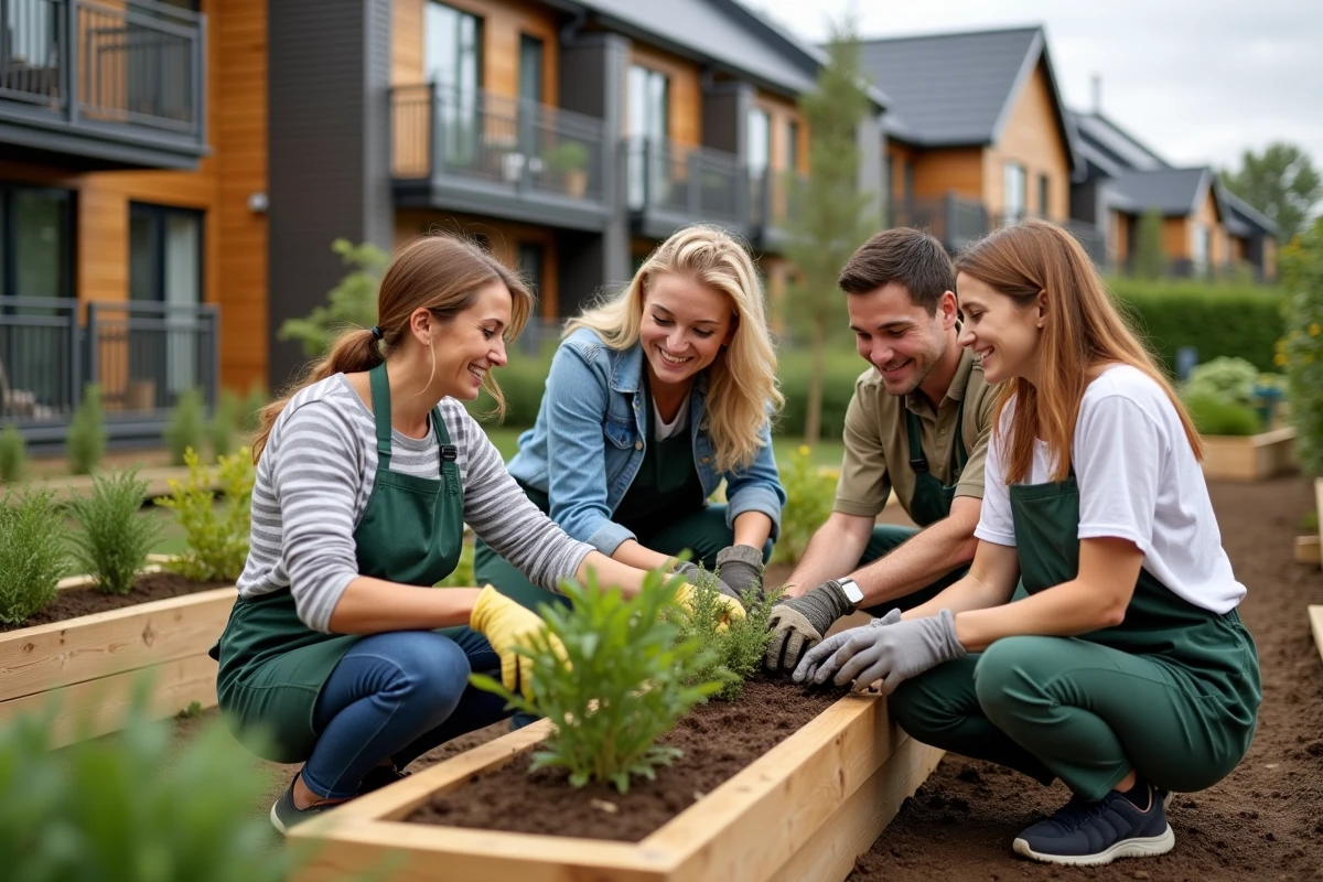 Groupe d'adultes plantant des arbustes dans un jardin communautaire