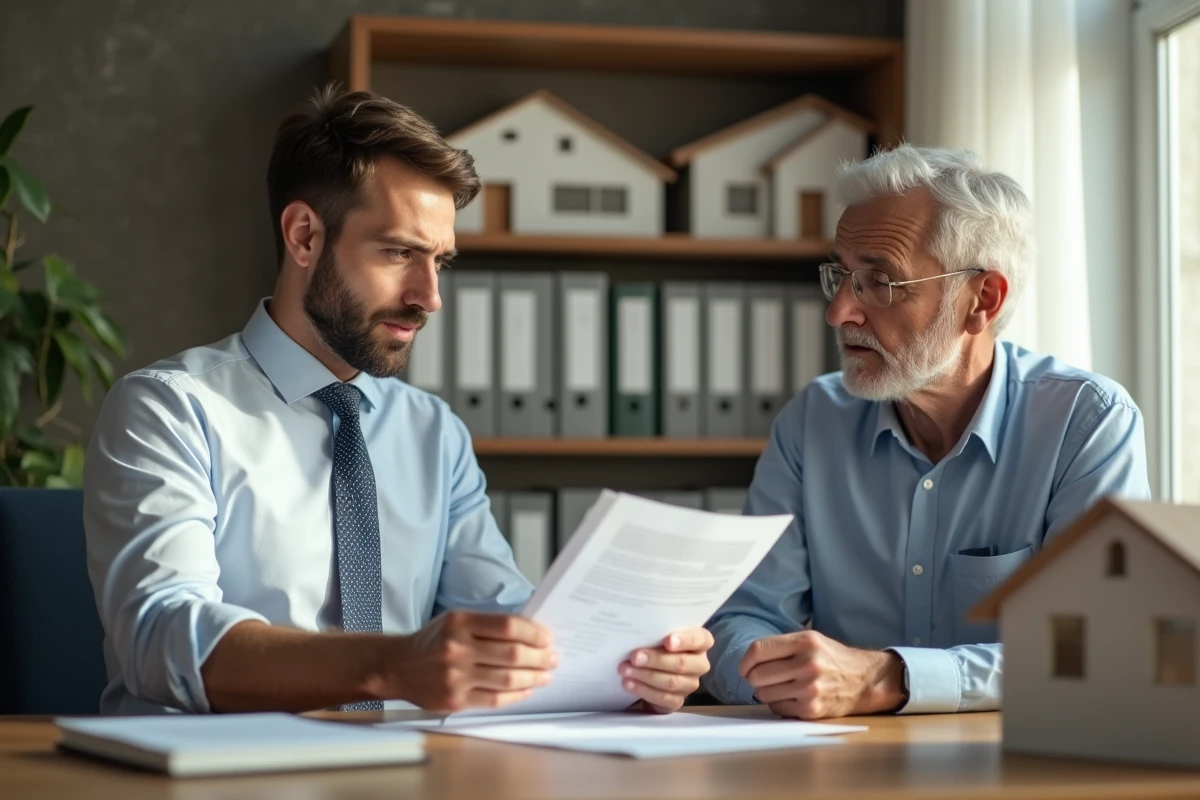 Agent immobilier remettant des papiers à un client dans un bureau