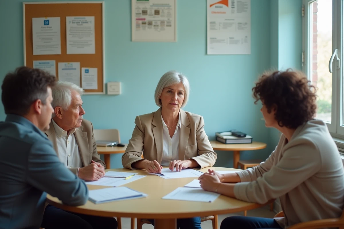 Groupe de personnes discutant avec un notaire dans un centre communautaire