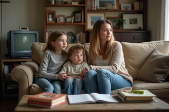 Mère et enfants dans un salon modeste en famille