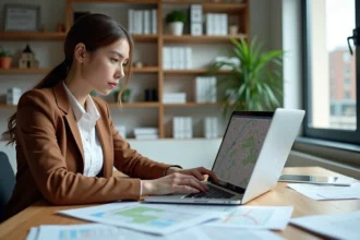Femme concentrée étudiant une carte numérique en intérieur