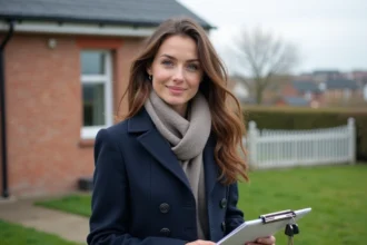 Jeune femme en manteau devant une maison à Le Havre