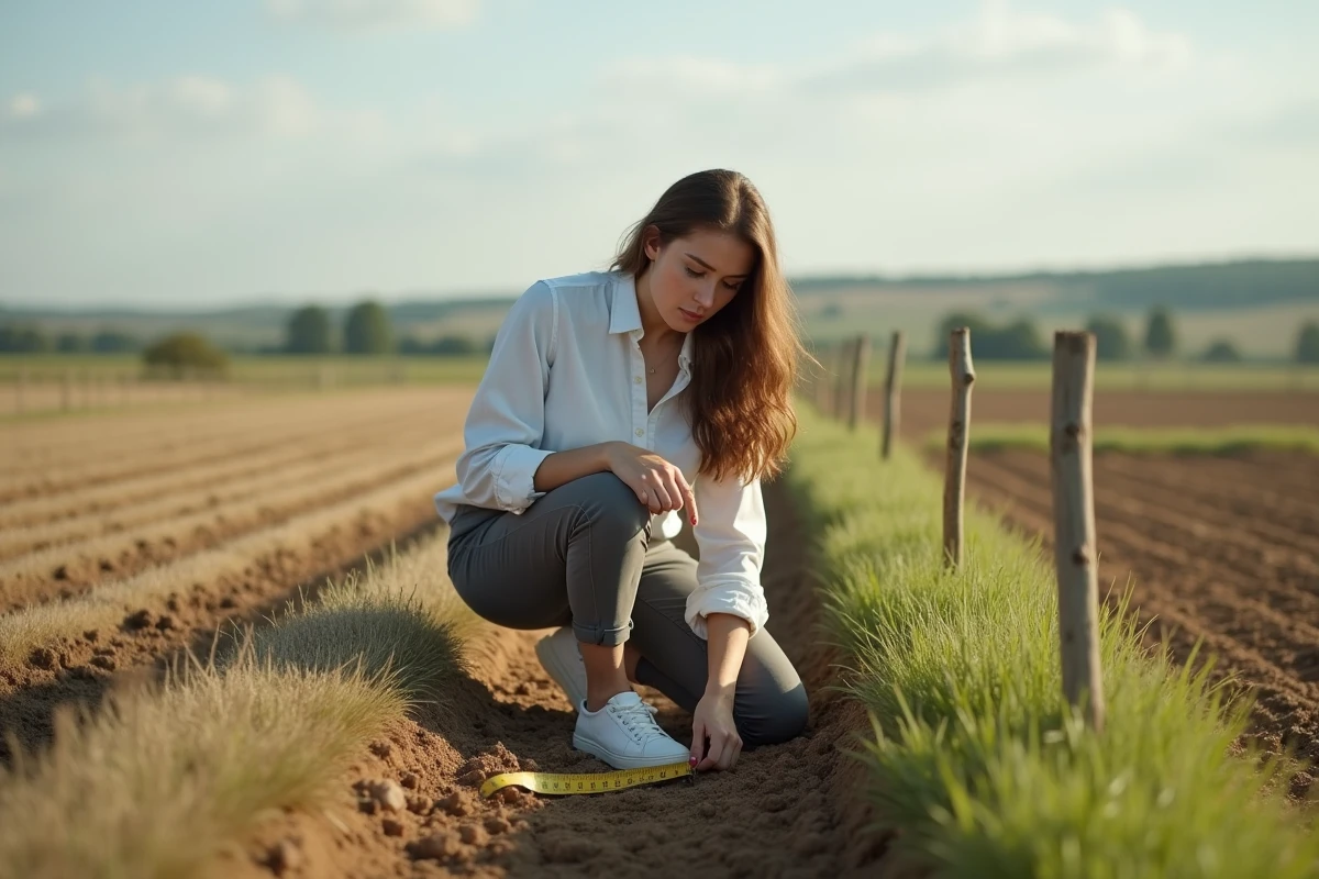 Jeune femme mesurant une limite de terrain rural