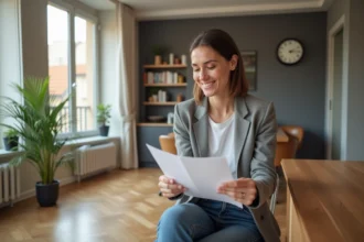 Femme souriante en blazer regarde documents vente à Lyon