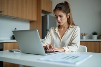 Femme concentrée sur son ordinateur dans une cuisine moderne
