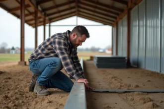Fermeur en jeans examine une poutre en acier sur une fondation