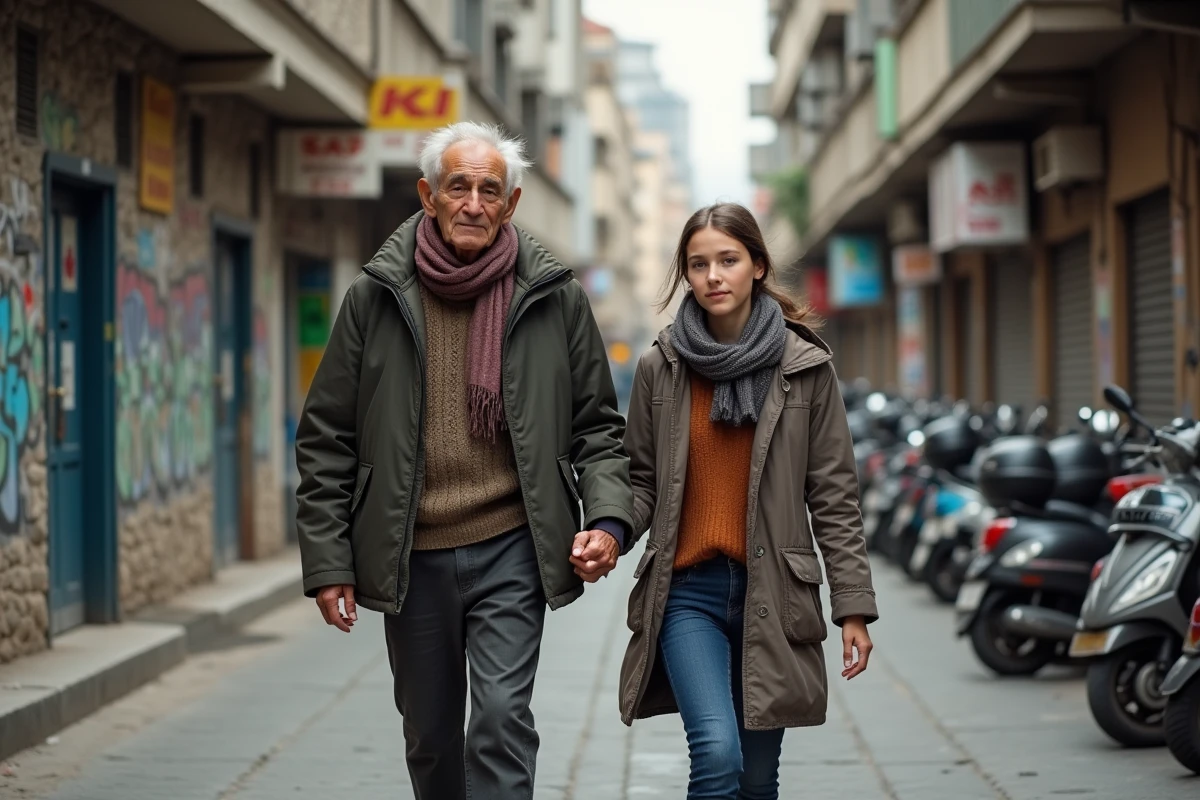 Grand-père et petite-fille marchant dans la ville