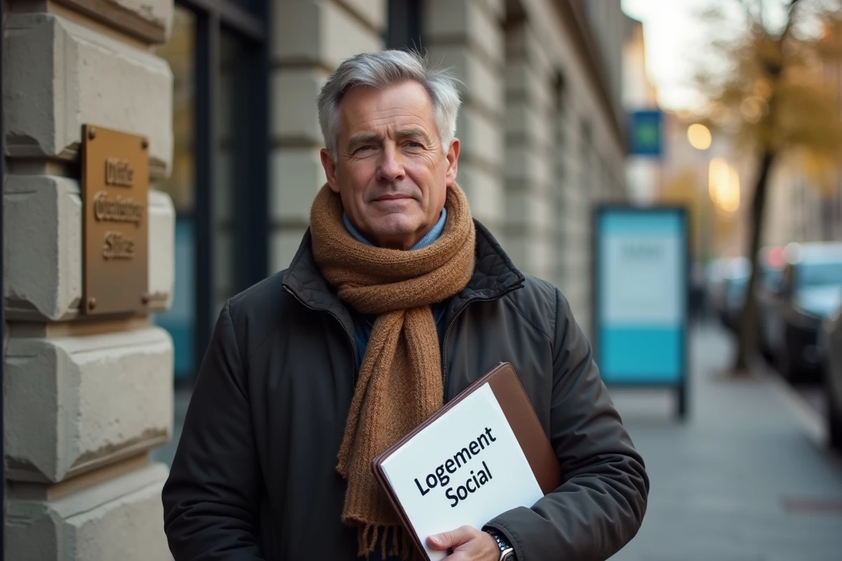 Homme avec dossier logement devant un bureau municipal