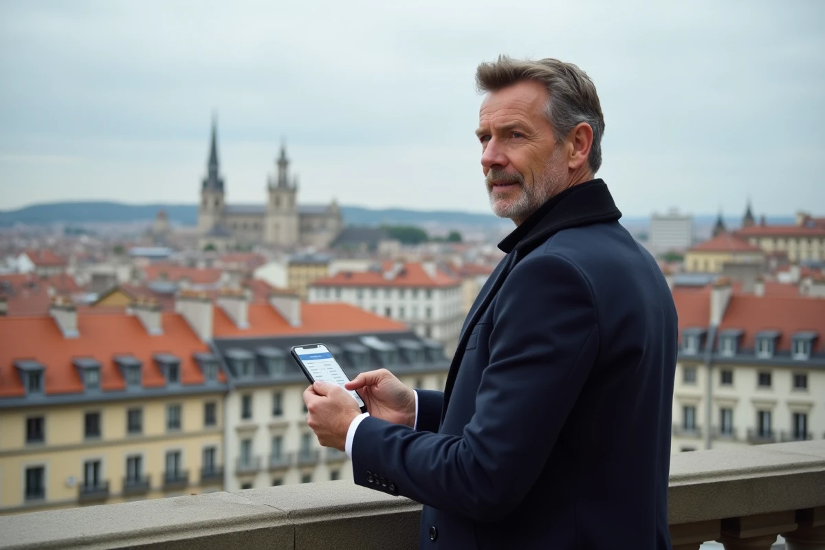 Homme en manteau sur balcon avec vue sur Lyon