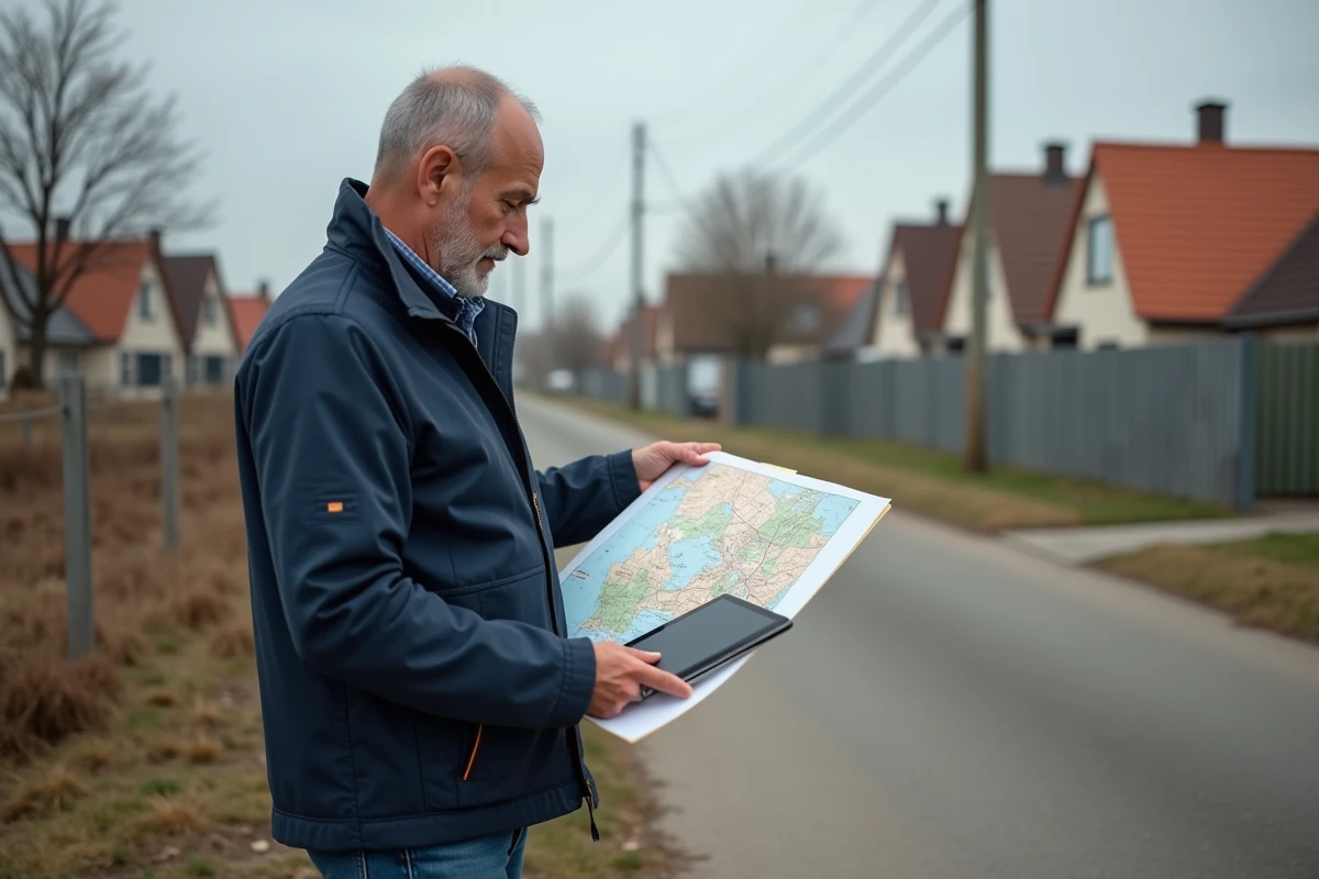 Homme vérifiant un plan cadastral sur un site de construction