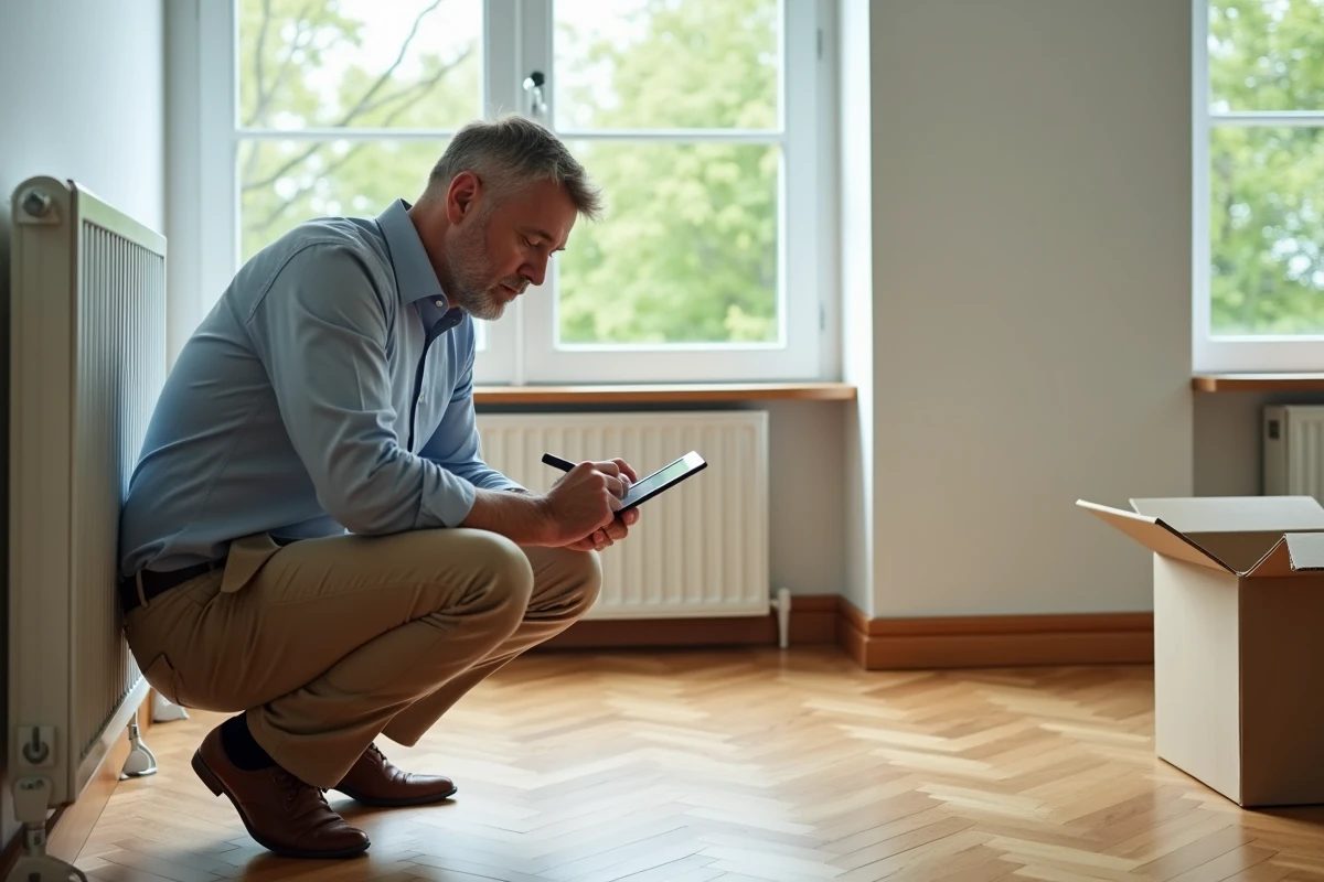 Homme inspectant un radiateur dans un salon lumineux