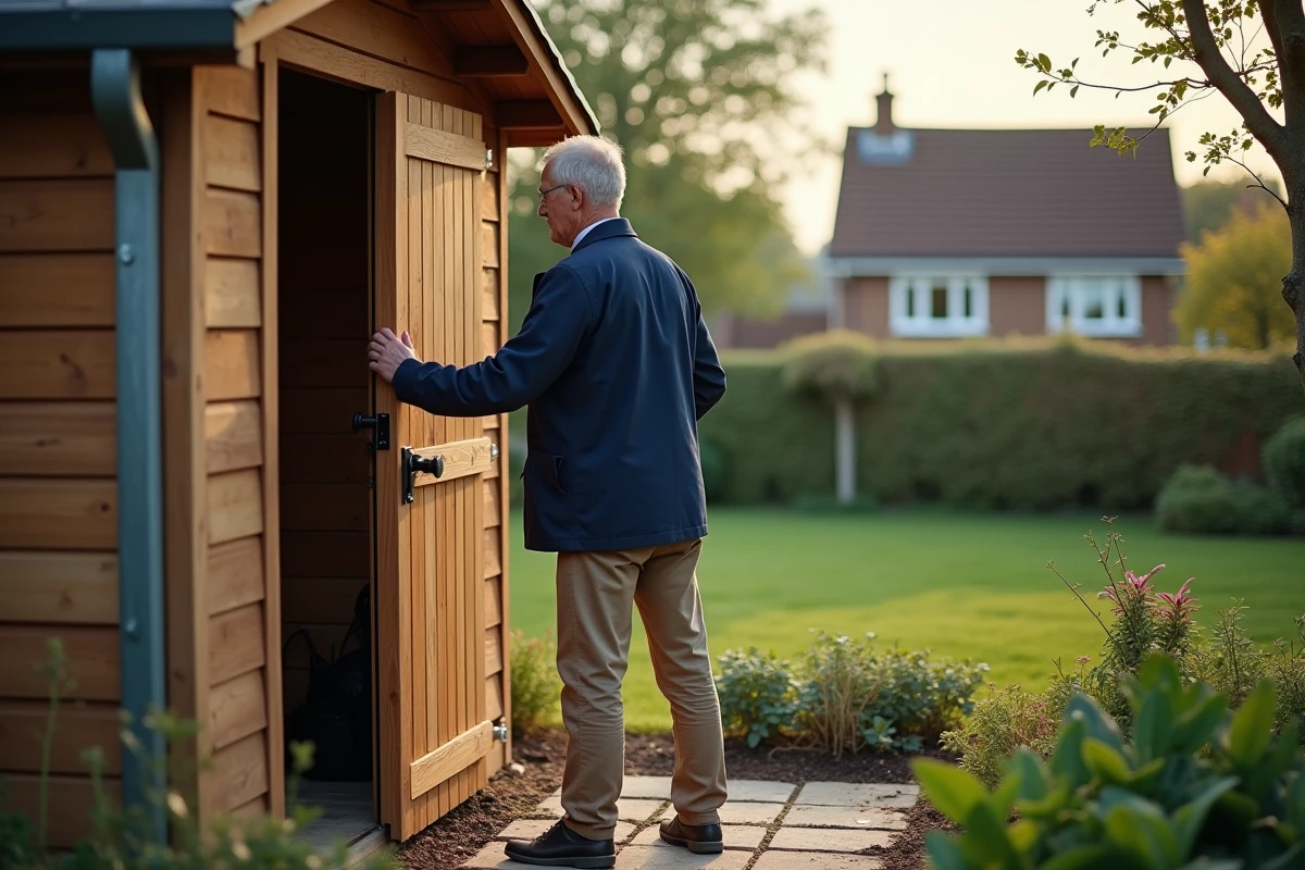 Homme vérifiant la serrure d’un cabanon dans le jardin