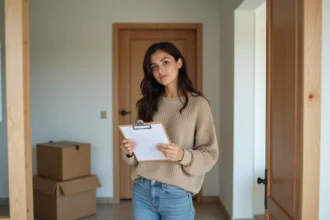Jeune femme vérifiant une checklist dans un appartement neuf