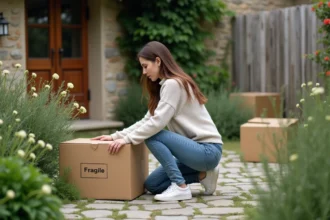 Jeune femme déballant une boîte fragile devant une maison rurale