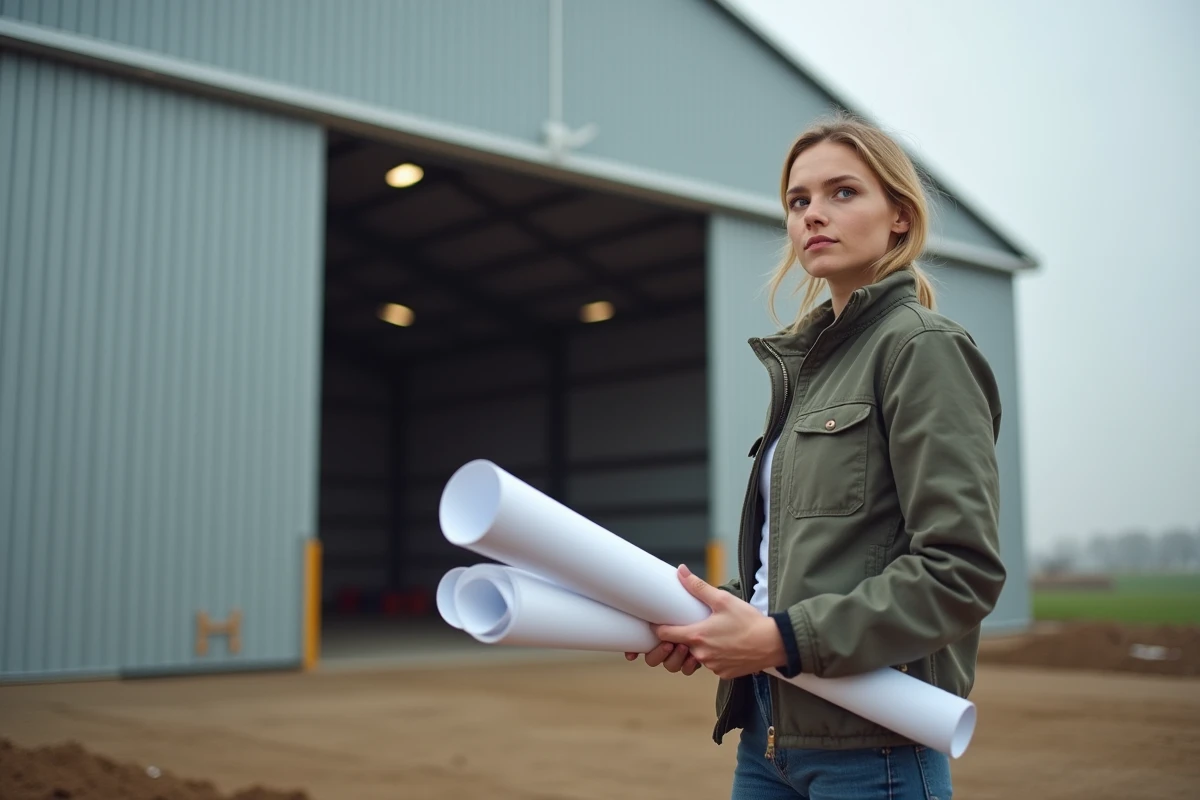 Jeune femme avec plans devant hangar agricole en métal