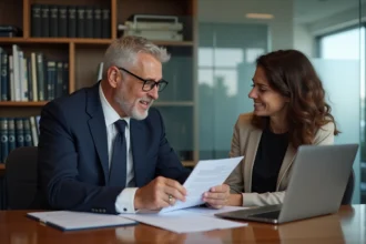 Notaire en costume expliquant un document à une jeune femme
