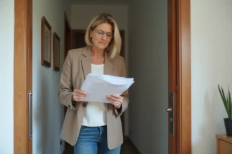 Femme propriétaire examinant un document dans son appartement