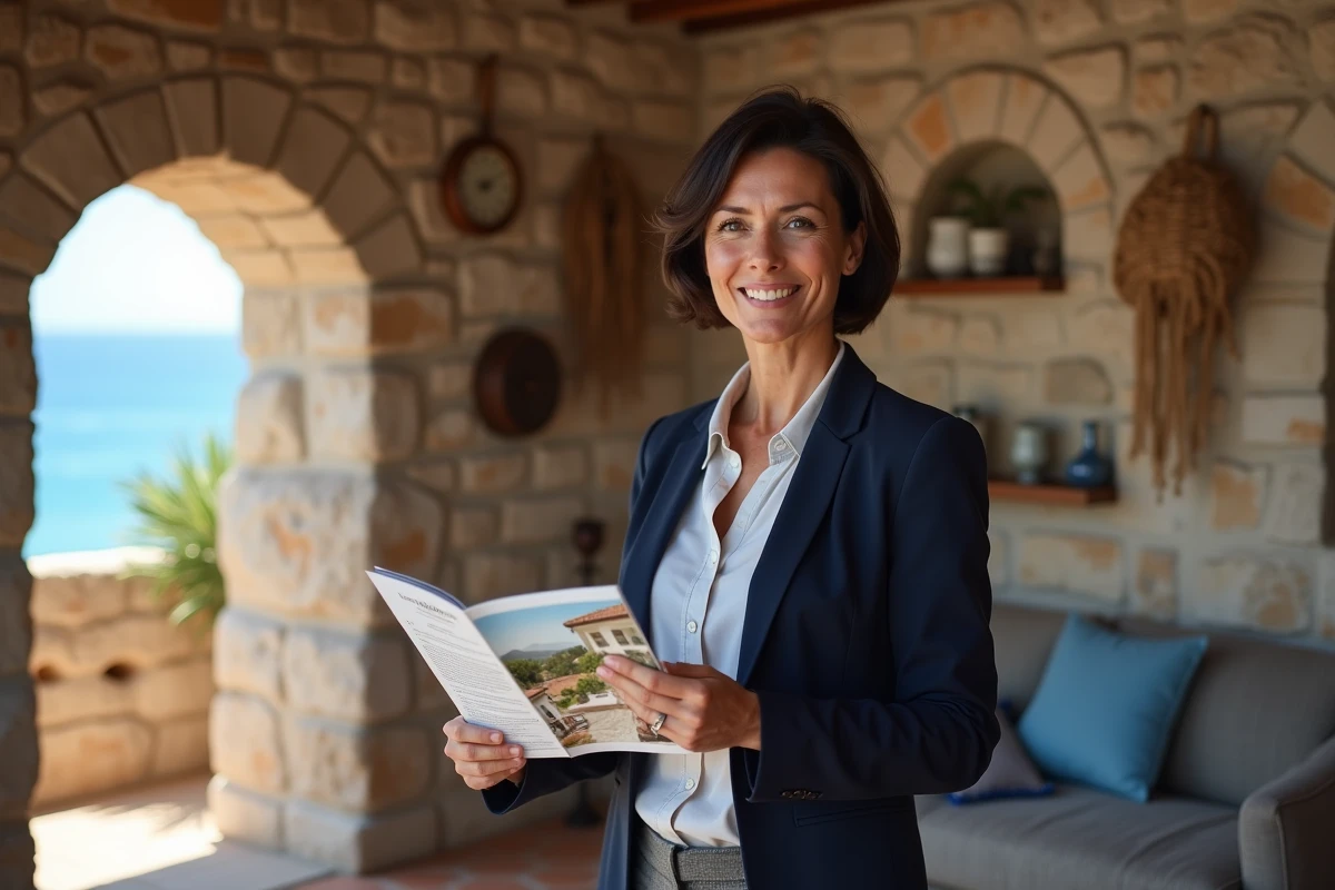 Agente immobilière spécialisée présentant une maison de pêcheur méditerranéenne à un acheteur potentiel