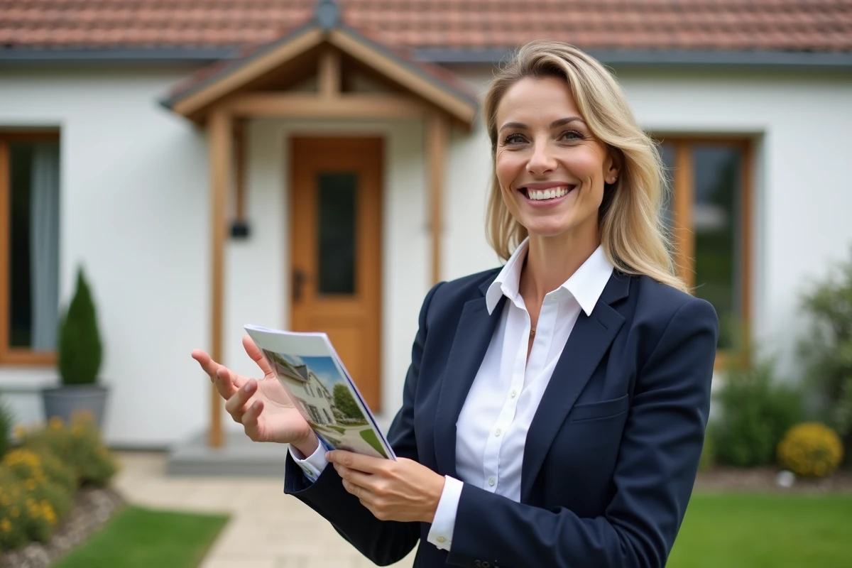 Agent immobilier présentant un pavillon à vendre dans l'Oise devant une maison de banlieue