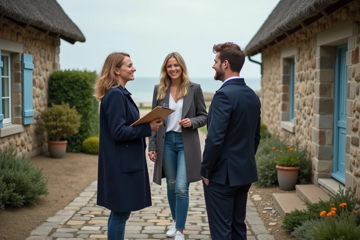 Agent immobilier discutant avec un couple devant une maison en Normandie