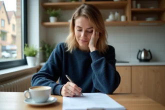 Femme lisant un document de préavis de location à sa table de cuisine, réfléchissant à annuler son préavis pour rester dans son logement