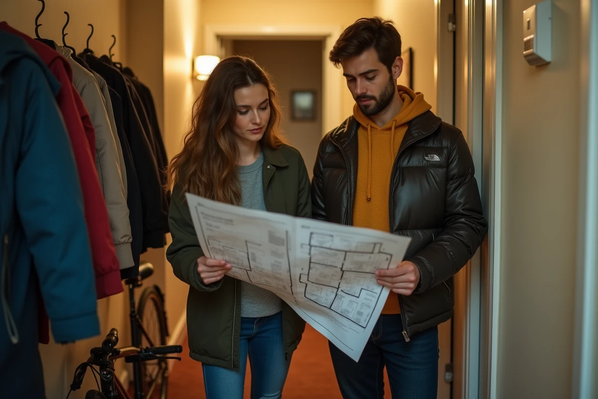 Deux colocataires étudiants comparant le plan de leur appartement dans le couloir d'une colocation