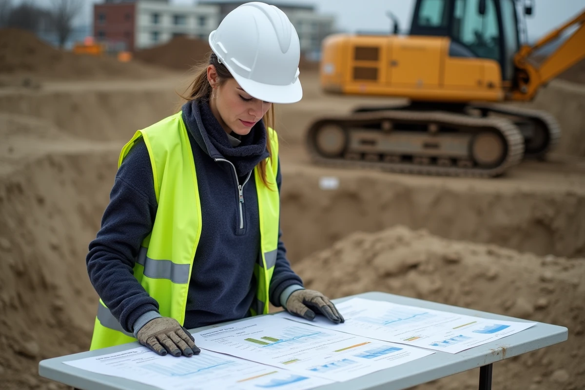 Consultante en géotechnique examinant les devis et rapports d'une étude de sol sur chantier