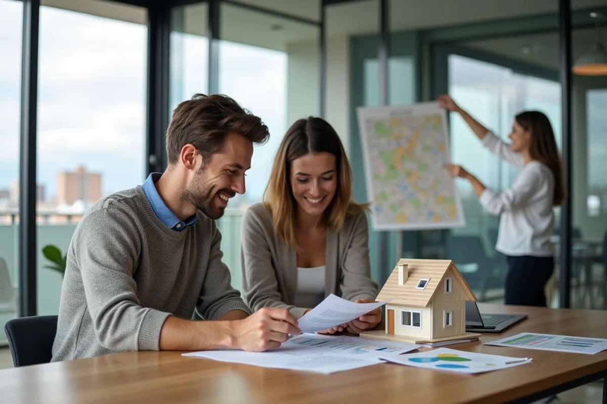 Couple discutant d'un projet d'investissement locatif avec un agent immobilier en agence