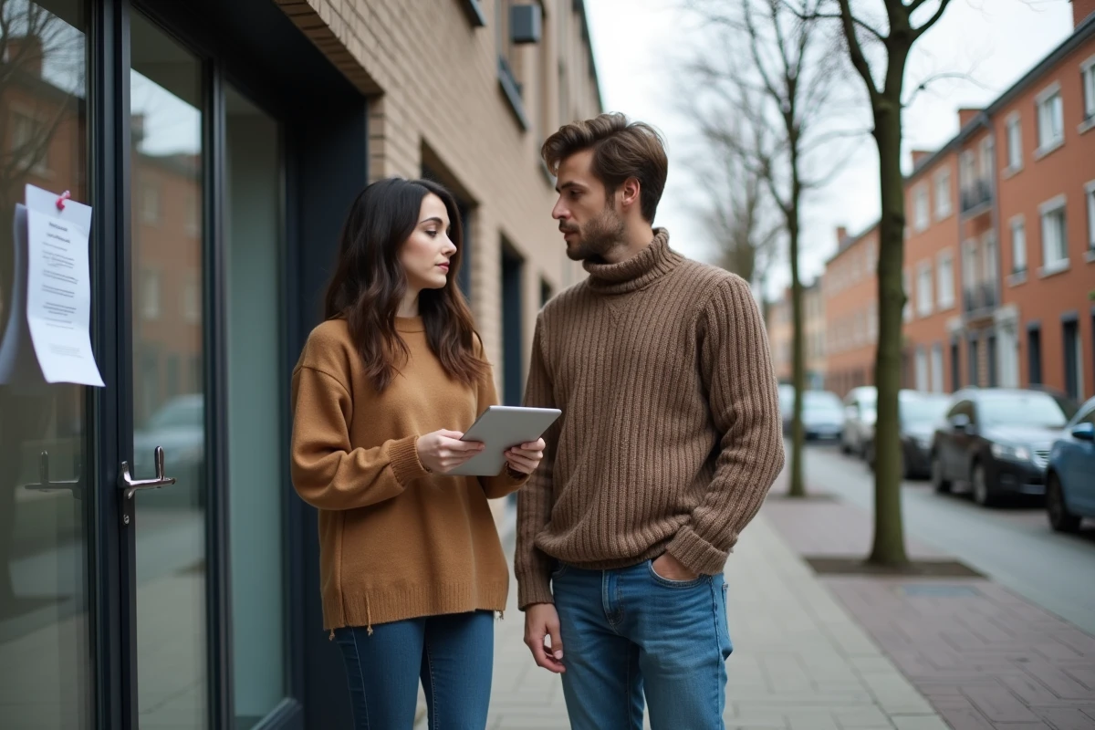 Jeune couple devant un immeuble de logement social consultant une annonce LOC en 2026
