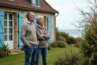 Couple regardant la maison en bord de mer en Normandie