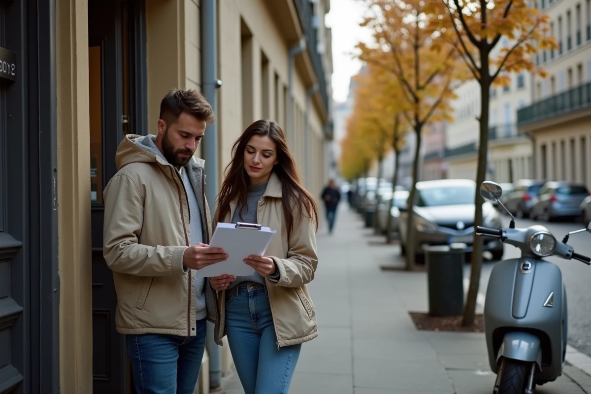 Couple de locataires consultant une annonce de location devant un immeuble résidentiel en zone tendue urbaine
