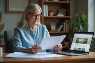 Femme consultant un dossier de demande de logement social sur son bureau à domicile en 2026