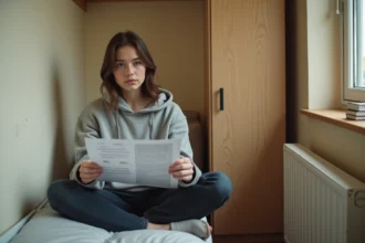 Étudiante dans une petite chambre en colocation mesurant les dimensions avec une annonce de location à la main