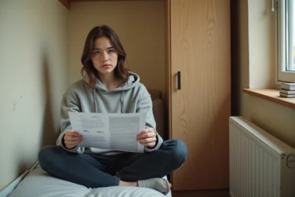 Étudiante dans une petite chambre en colocation mesurant les dimensions avec une annonce de location à la main