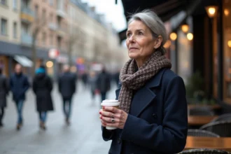 Femme en manteau navy avec foulard à Créteil