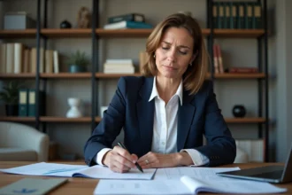 Femme créatrice de SCI examinant des documents fiscaux dans un bureau professionnel