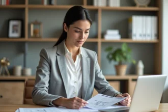 Femme consultant des documents immobiliers pour un investissement locatif à son bureau à domicile