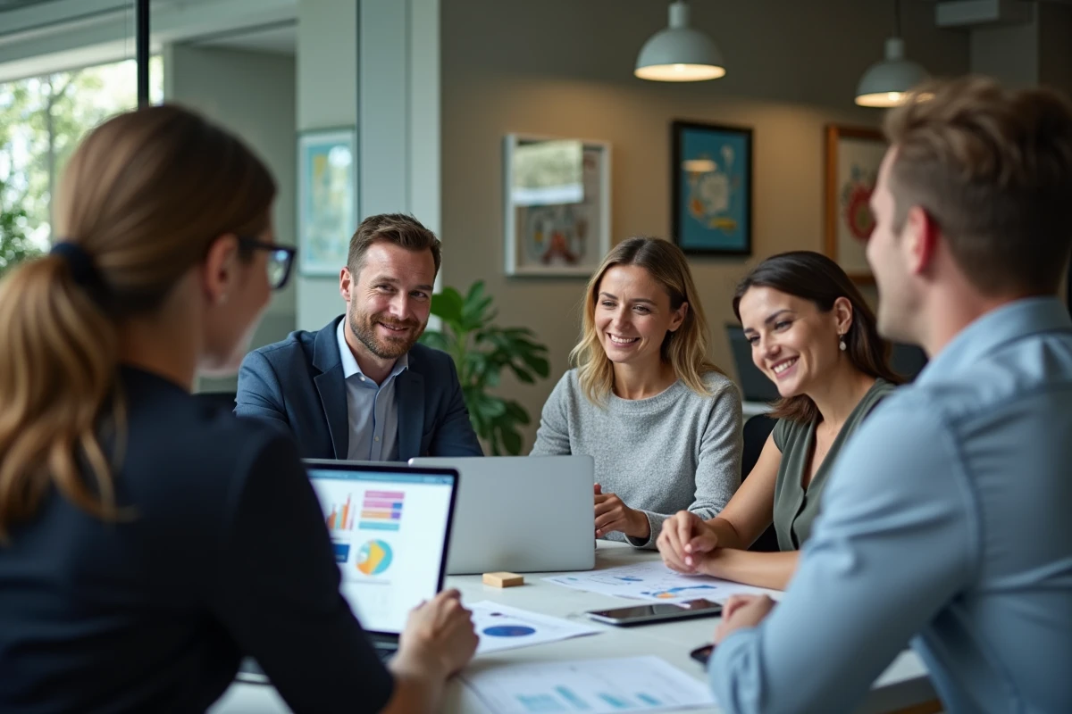 Professionnels en réunion dans un espace de coworking