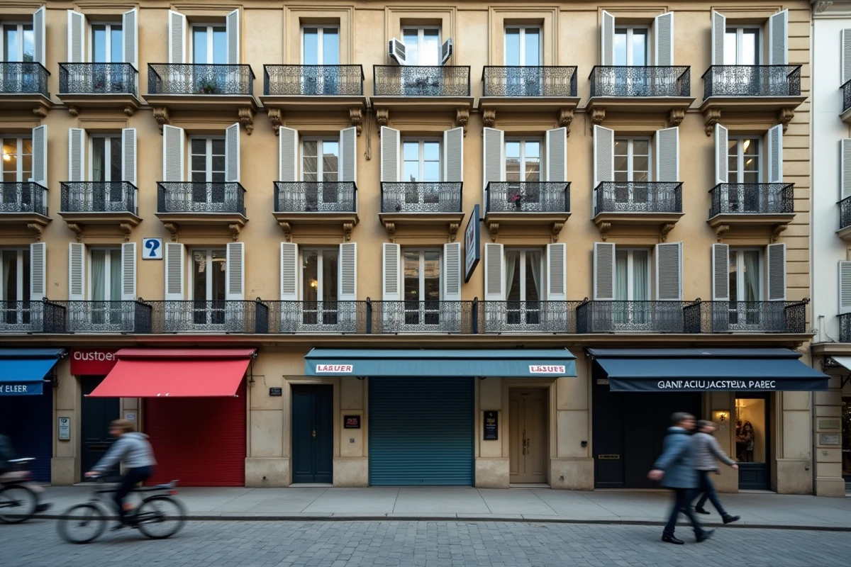 Immeuble haussmannien avec panneau À Louer dans une rue de ville dense classée en zone tendue
